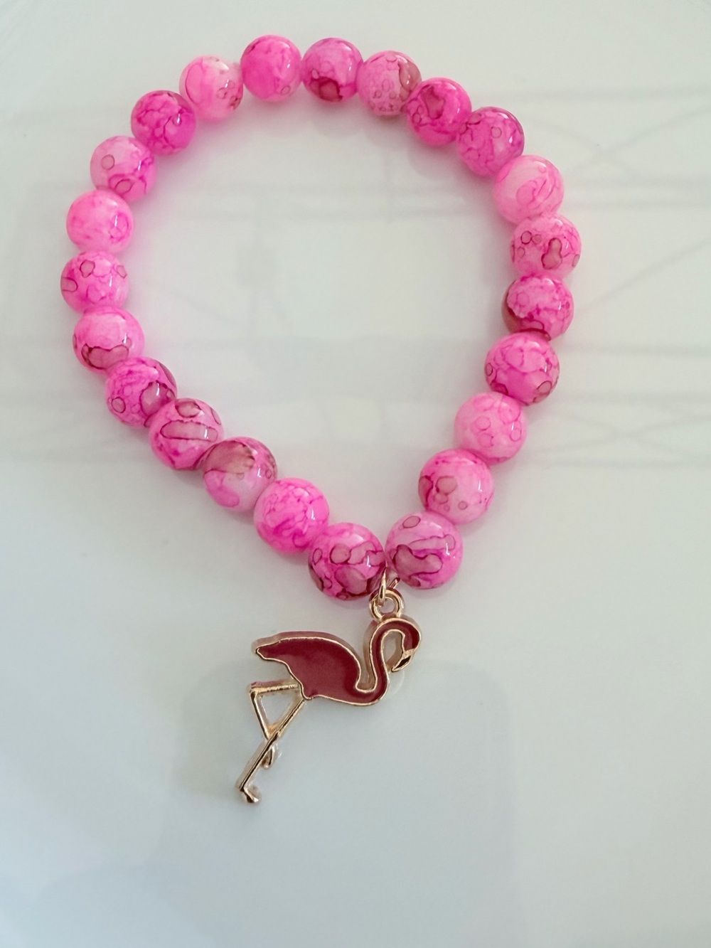 Pink Beaded Bracelet with Flamingo Charm Handmade Novelty Gift Jewelry